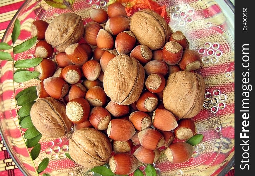 Hazelnuts, walnuts assorted on the plate. Hazelnuts, walnuts assorted on the plate