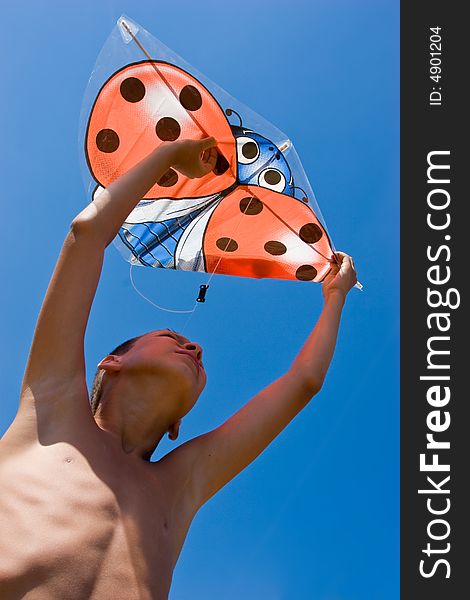 Vacation, portrait of summer boy with kite. Vacation, portrait of summer boy with kite