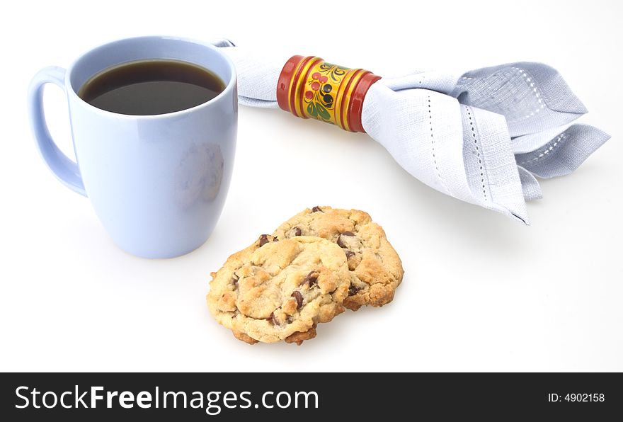 Freshly baked chocolate chip cookies and coffee