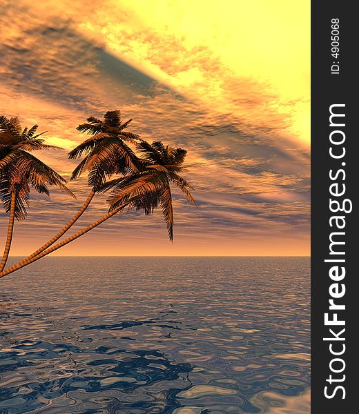 Sunset coconut palm trees on small island - 3d illustration.