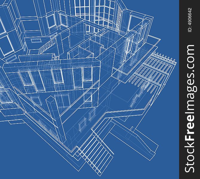 House: 3d technical draw (blue background). House: 3d technical draw (blue background)