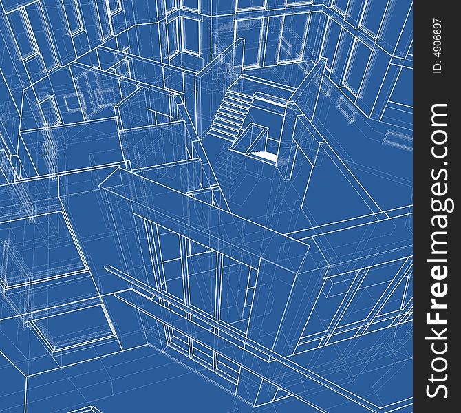 House: 3d technical draw (blue background). House: 3d technical draw (blue background)