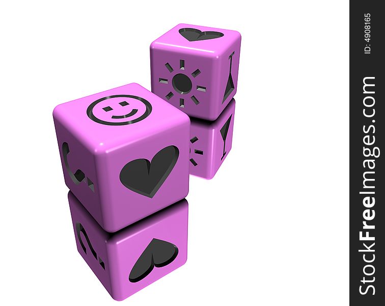 Pink dice with woman interests icons lie on the mirror