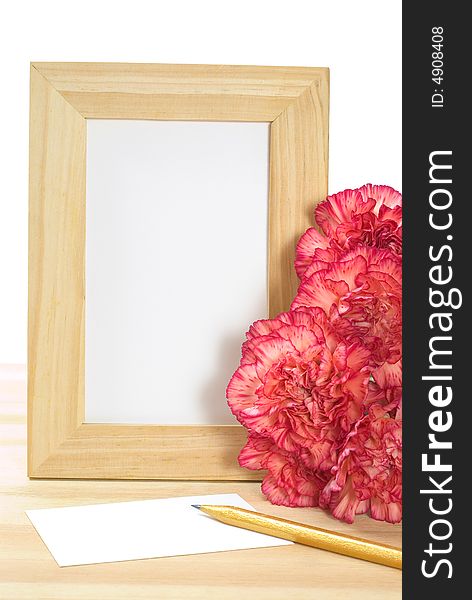 Empty photo frame and fragrance red color carnation