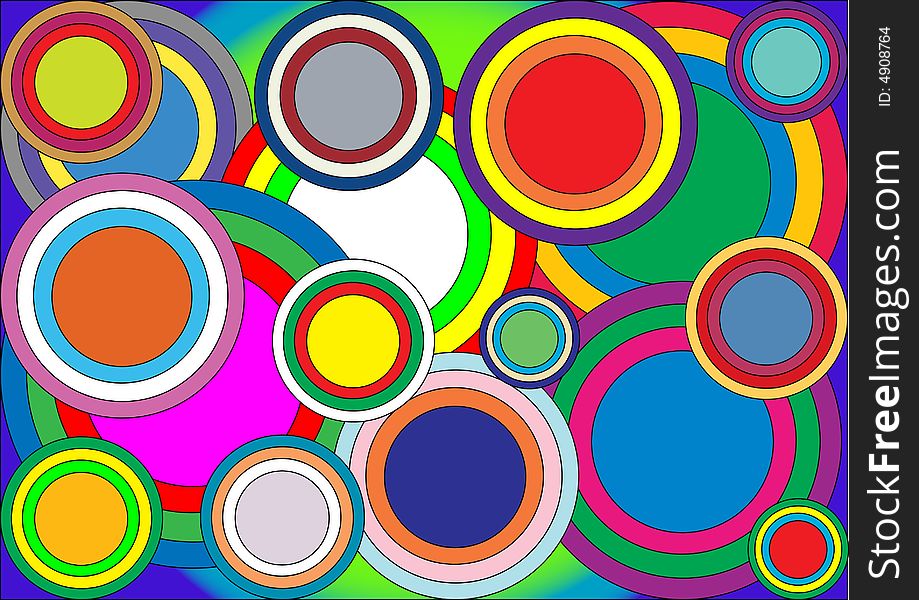 Seventeen circles of different colors on colored background