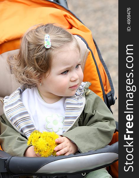 Beautiful pretty girl with flower in a pram