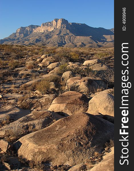 Boulders in the foreground of El Capitan at sunset - Guadalupe Mountains National Park. Boulders in the foreground of El Capitan at sunset - Guadalupe Mountains National Park