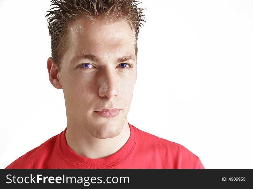Young man with spiked hair wearing red shirt
