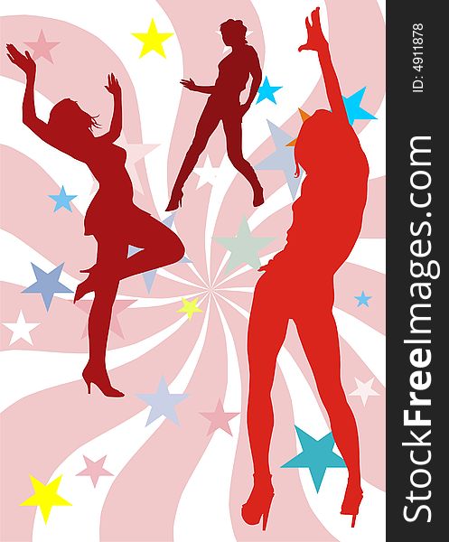 Silhouettes of dancing girls on a pink background