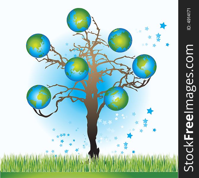 Tree with globes, spring, vector illustration