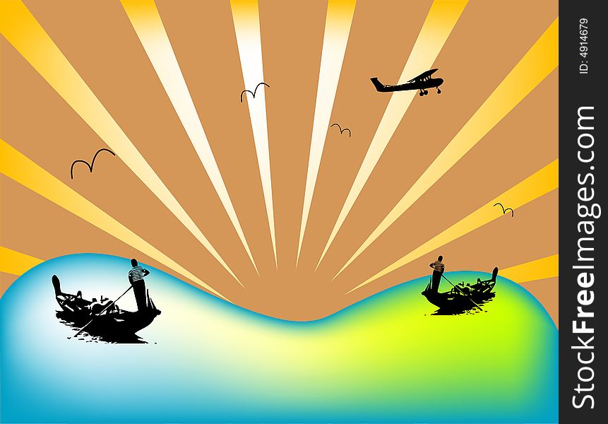 Abstract image with sailors in boats, seagulls flying, and flying plane. Abstract image with sailors in boats, seagulls flying, and flying plane