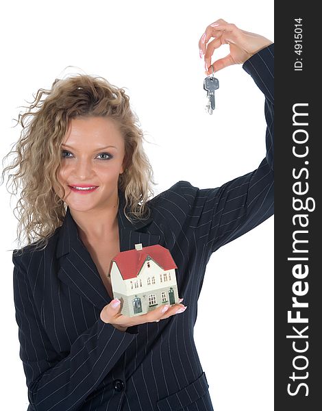 Business woman advertises real estate on white background