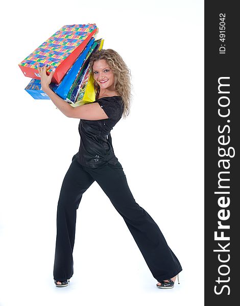 Expressive woman  on white background  shopping. Expressive woman  on white background  shopping