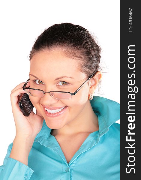 Young girl in glasses talks by phone