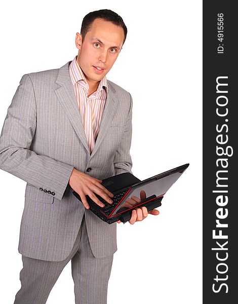 Businessman with notebook on white