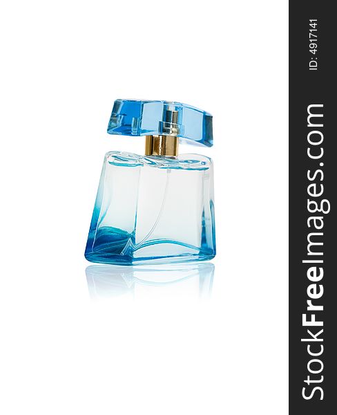 Blue perfume bottle isolated ob white