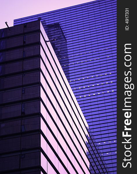 Office Skyscraper, window, reflexion, red blue sky, conceptual