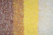 Background With Cereals Buckwheat, Wheat, Millet, Rice Stock Photos