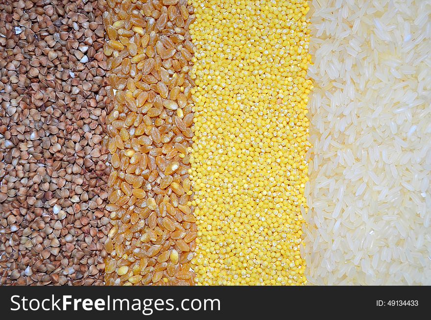 Background of assorted cereals buckwheat, wheat, millet, rice. Background of assorted cereals buckwheat, wheat, millet, rice