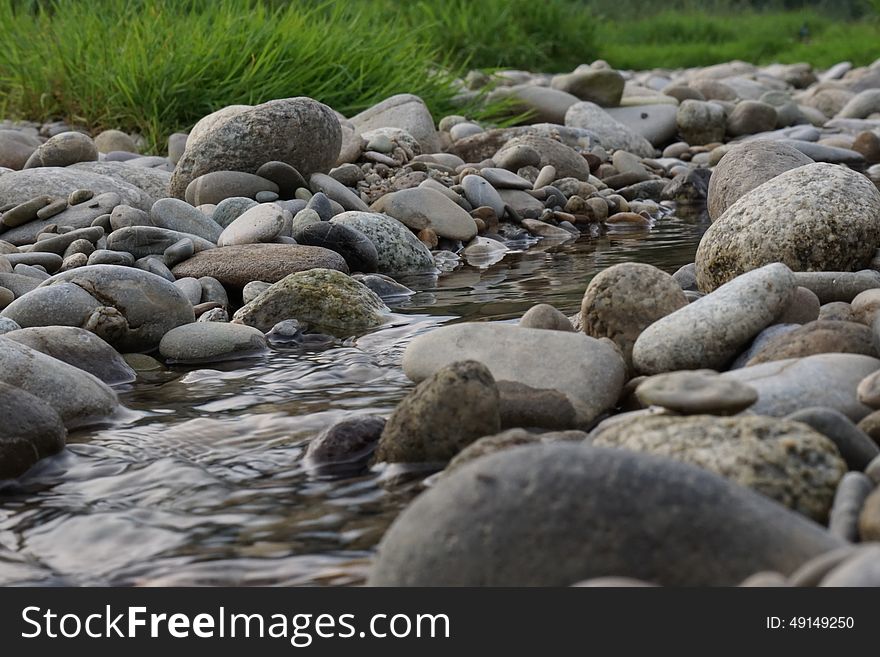 Green grass with stones and water. Green grass with stones and water