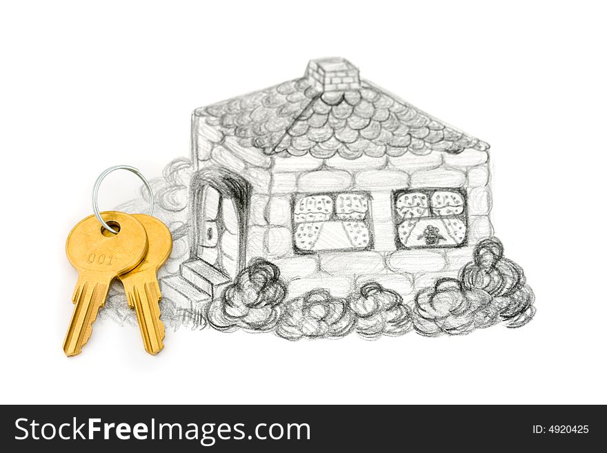 Drawing house and keys, isolated on white background