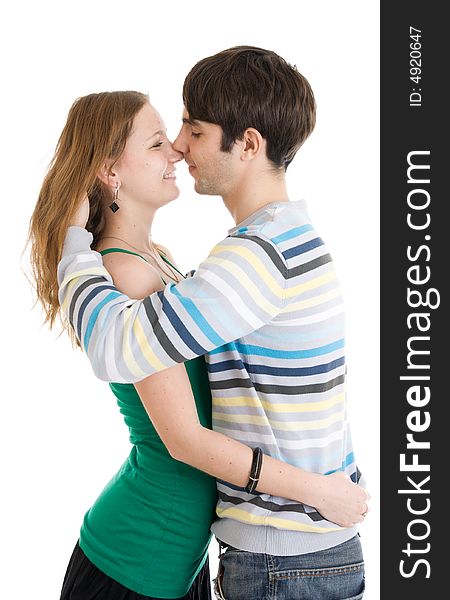 The young flirting couple isolated on a white background