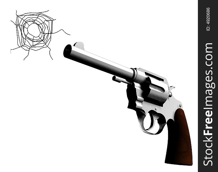 An image of a gun that has caused a bullet hole. Would be a good concept image for criminality. An image of a gun that has caused a bullet hole. Would be a good concept image for criminality.