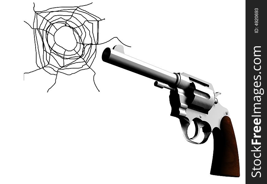 An image of a gun that has caused a bullet hole. Would be a good concept image for criminality. An image of a gun that has caused a bullet hole. Would be a good concept image for criminality.