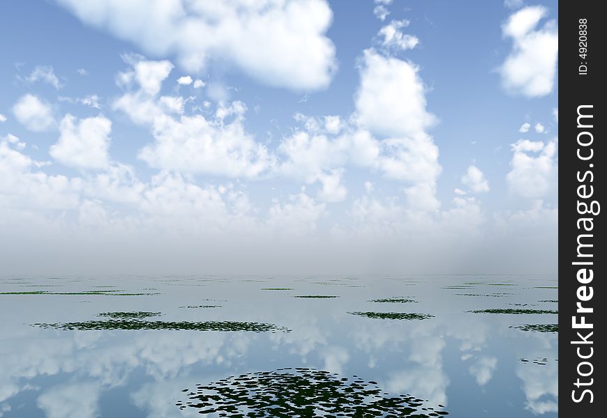 A image of a calm and still scenic seascape or lake background. With some plants floating on the surface. A image of a calm and still scenic seascape or lake background. With some plants floating on the surface.