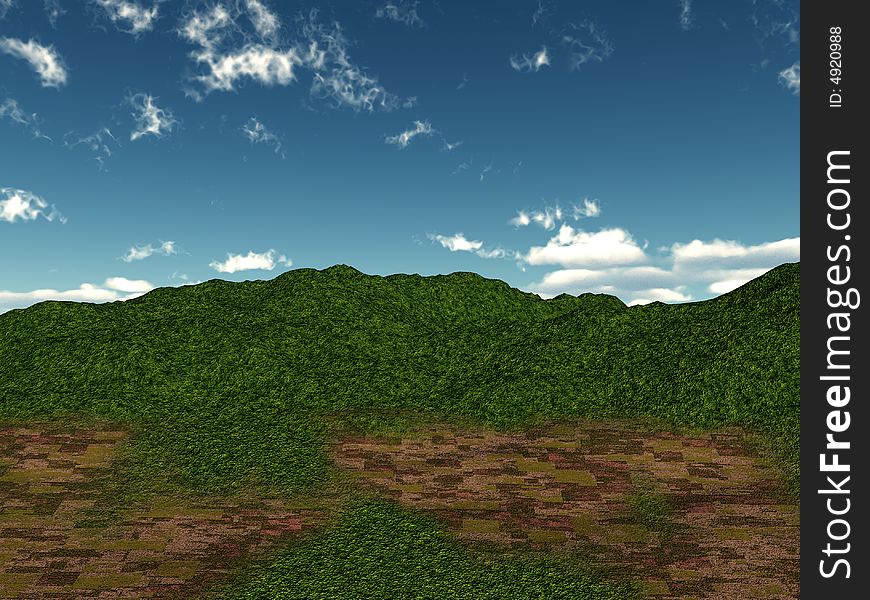 A view of a grassy green hillside with a sky background.