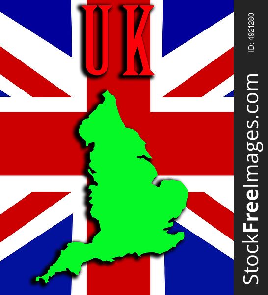 A conceptual image of the map of England. With the Union Jack flag in the background. A conceptual image of the map of England. With the Union Jack flag in the background