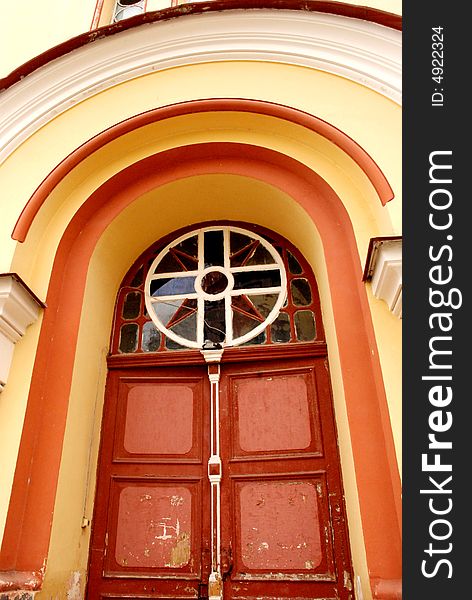 Wooden door in christian monastery New Afon in Abkhazia.