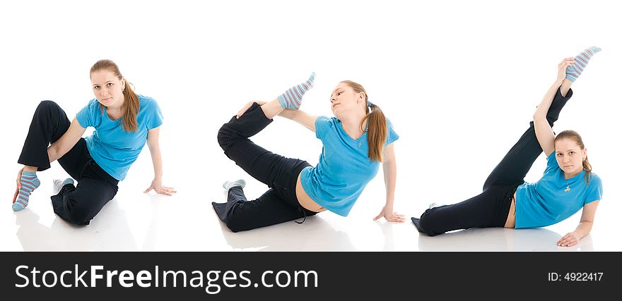 The three young woman doing exercise isolated on a white background