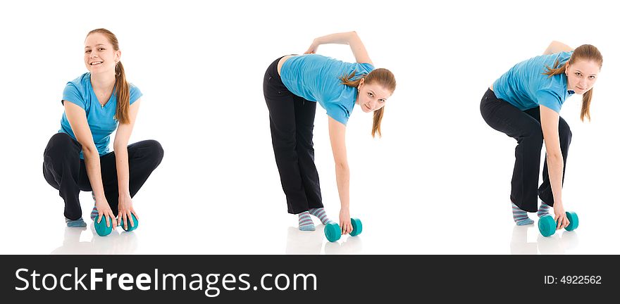 The three young woman doing exercise isolated on a white background