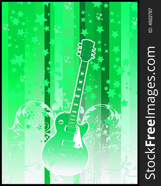 Guitar on green background with stars an swirls. Guitar on green background with stars an swirls