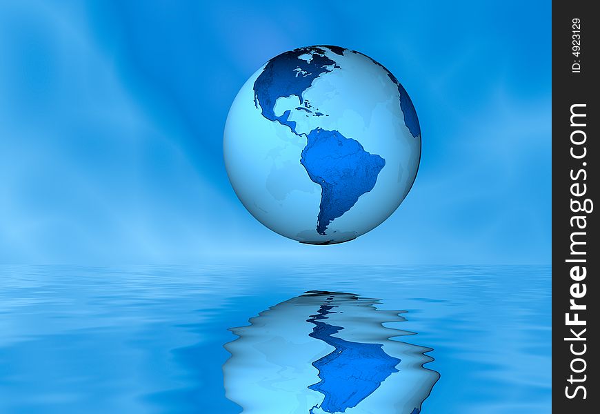 A computer-generated image of a globe floating above water. Base image for globe from NASA:. A computer-generated image of a globe floating above water. Base image for globe from NASA: