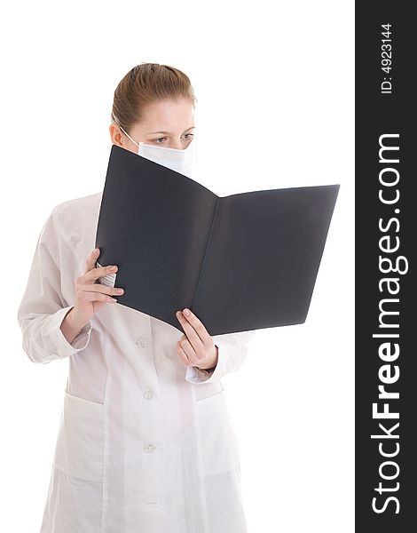 The young attractive nurse with a folder isolated