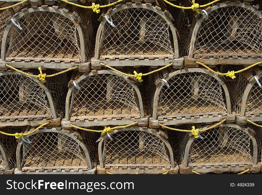 Stack of lobster pots at Rustico harbour, Prince Edward Island, Canada