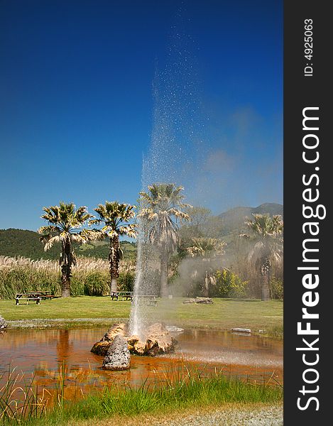 Jet of hot water spouting out of ground, geyser