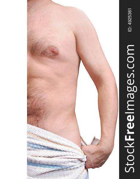 Naked trunk of caucasian man with towel on white. Naked trunk of caucasian man with towel on white