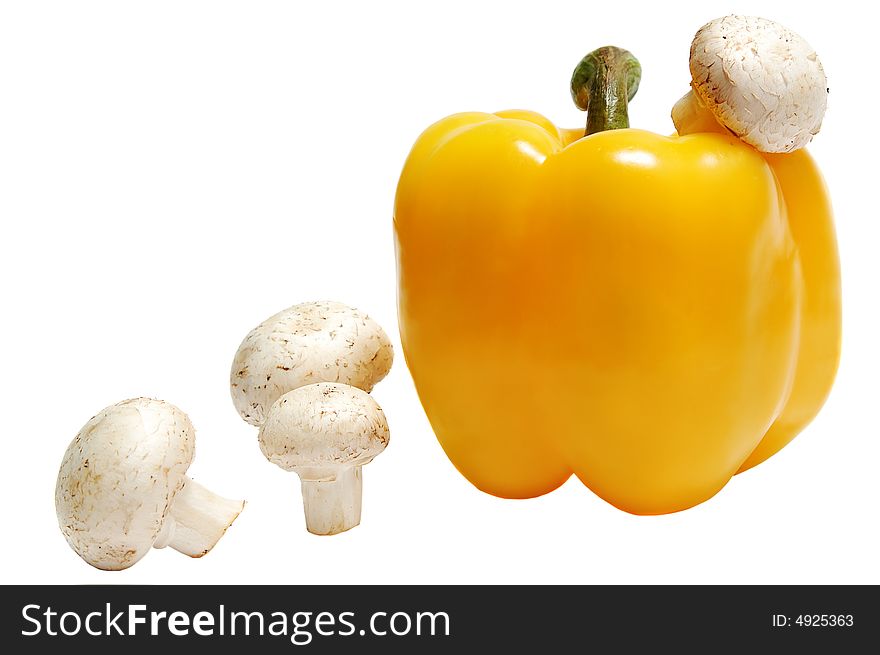 Yellow paprika and four agaric. isolated on white