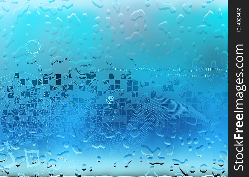 Abstract blue backdrop under wet glass, droplets pattern on transparent glass. Abstract blue backdrop under wet glass, droplets pattern on transparent glass.