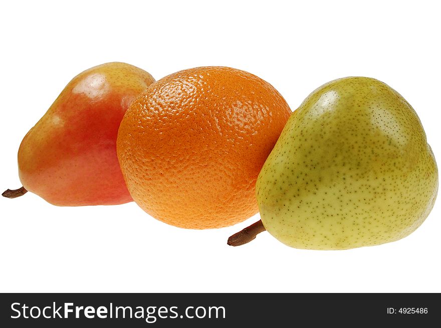 Colorful pears and  orange. isolated on white