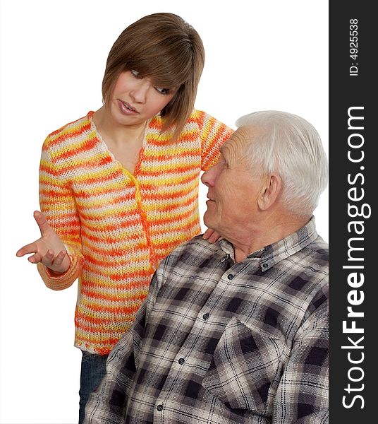 Grandad and granddaughter gossiping about life. isolated over white