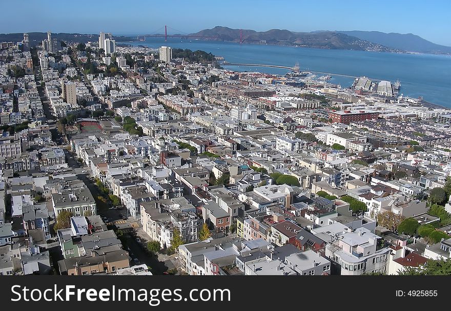 Panoramic view looking out over north San Francisco, towards Marin.