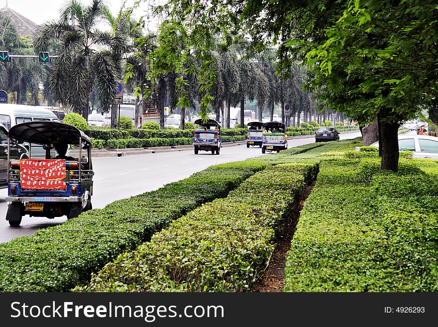 Auto rickshaws driving on road