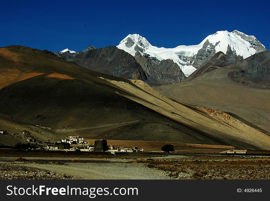 The Tibetan mountain scenery,the jokul,meadow and buildings,Sitsang,Chiina,Asia. The Tibetan mountain scenery,the jokul,meadow and buildings,Sitsang,Chiina,Asia.