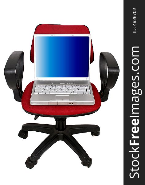 Laptop computer on the red chair over white
