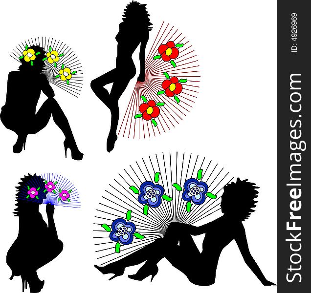 Silhouettes of women with multi-coloured fans. Silhouettes of women with multi-coloured fans.