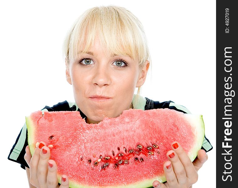 Beautiful green-eyes blondy eating sweet water-melon. Beautiful green-eyes blondy eating sweet water-melon